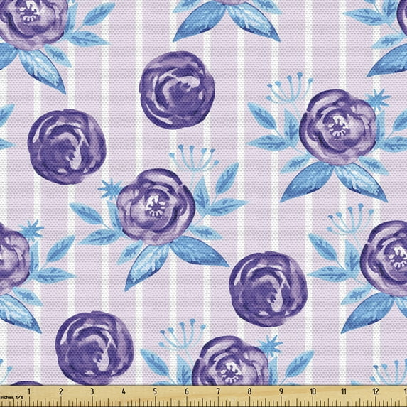 Ambesonne Floral Fabric by the Yard Upholstery, Abstract Roses on Stripes, 2 Yards, Pale Pink Sky Blue