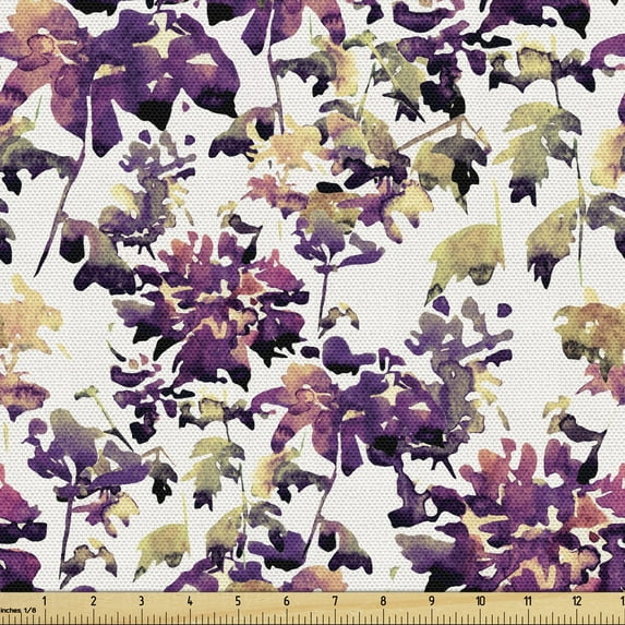 Ambesonne Floral Fabric by the Yard Upholstery, Watercolor Autumnal Pattern, 2 Yards, White Magenta Khaki