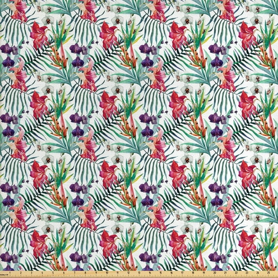 Floral Fabric by the Yard, Watercolored Tropical Exotic Foliage Vibrant Color Palette Hawaiian Summer Season, Decorative Upholstery Fabric for Chairs & Home Accents, Multicolor by Ambesonne