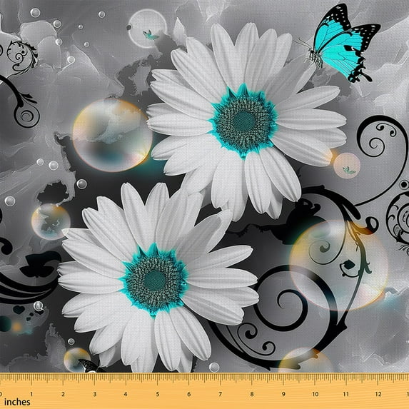 Floral Fabric By The Yard,White Daisy Upholstery Fabric,Kawaii Butterfly Animal Decorative Fabric ,Garden Flower Indoor Outdoor Fabric,Spring Themed Material By The Yard,DIY,2 Yards