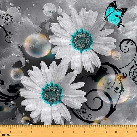 Floral Fabric By The Yard,White Daisy Upholstery Fabric,Kawaii Butterfly Animal Decorative Fabric ,Garden Flower Indoor Outdoor Fabric,Spring Themed Material By The Yard,DIY,5 Yards