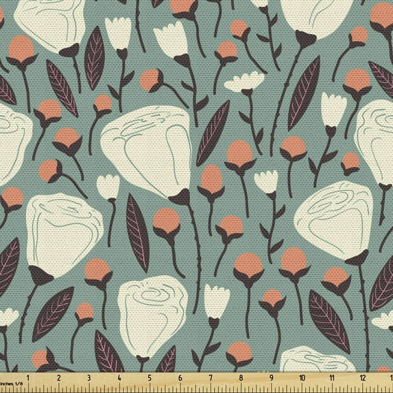 Floral Fabric by the Yard, White Flower Buds Leaves Ornaments Calm Neutral Colors, Decorative Upholstery Fabric for Sofas and Home Accents, Multicolor by Ambesonne