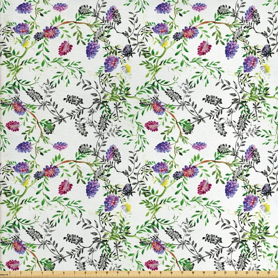 Ambesonne Floral Fabric by the Yard Upholstery, Lilac Wild Flowers Design, 10 Yards, Green Pale Fuchsia