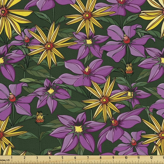 Floral Fabric by the Yard, Repeating Colorful Garden Art with Lilies, Decorative Upholstery Fabric for Chairs & Home Accents, Multicolor by Ambesonne