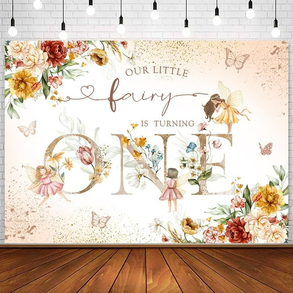 Floral Fairy 1st Birthday Backdrop Flowers Butterfly Our Little Fairy is Turning One Birthday Party Background Wonderland Princess Girl First Bday Decoration Banner