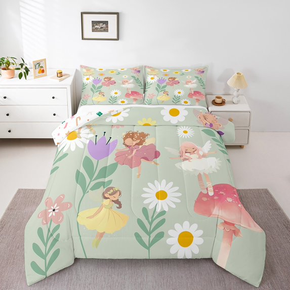Floral Fairy Comforter Set Twin Size,Colorful Fairy Kawaii Bedding Set Room Decor,Cute Daisy Flower Quilt Bed Set Mushroom Flowers Bed Comforter Sets with 1 Pillowcase