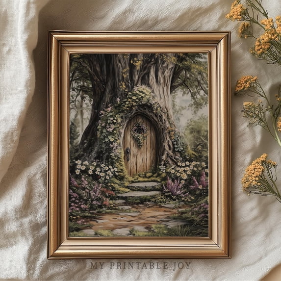 Floral Fairy Door In Tree Trunk Wall Art, Enchanted Forest Cottagecore ...
