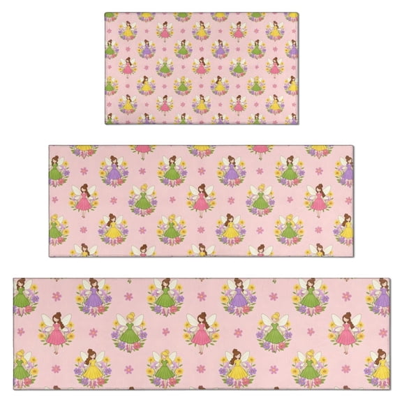 Floral Fairy Princess Pattern Kitchen Rugs Sets Of 3,Kitchen Runner Rugs Non Skid Washable,Decorative Kitchen Floor Mats for Kitchen,Sink,Laundry,17"x30"+ 17"x47" + 17"x59"