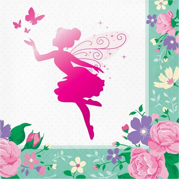 Floral Fairy Sparkle Pink Pixie Girl Kids Birthday Party Paper Luncheon Napkins