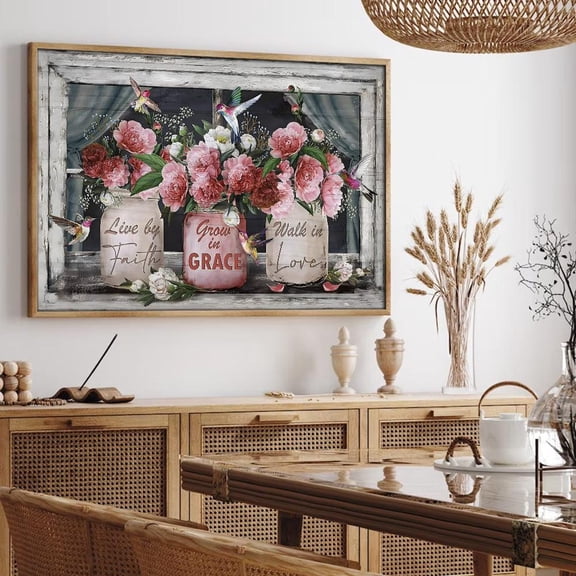 Floral Faith And Grace Poster Vintage Window Frame Art Home Decor, 24x36 UNFRAMED