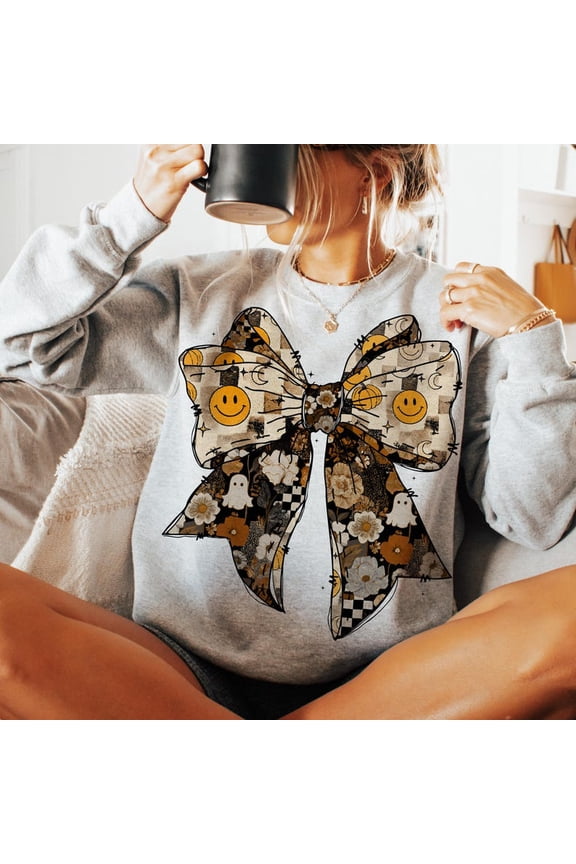Floral Fall Bow Smiley Face Sweatshirt, Halloween Sweatshirt, Fall Pumpkin Sweatshirt, Autumn Sweatshirt, Fall Shirt, Pumpkins, Boho Sweatshirt,Floral Sweatshirt Coquette
