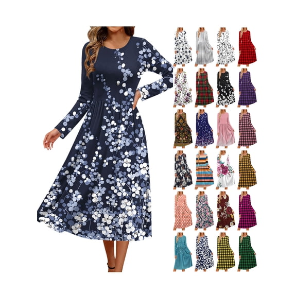 Floral Fall Dresses for Women Long Sleeve A-Line Womens Casual Midi Dresses Flowy Dress with Pockets