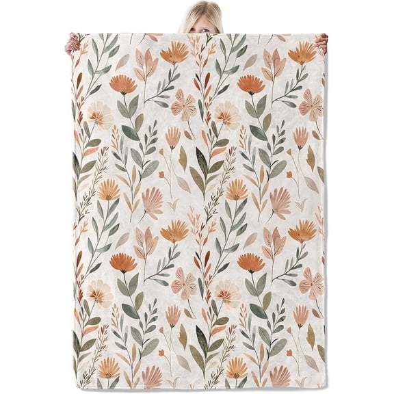 Floral Fall Garden Blanket 40×50 Inch,Soft Beige Botanical Lightweight Flannel Throw with Autumn Wildflower,Boho Rustic Farmhouse Home Decor,Gifts for Girls,Women