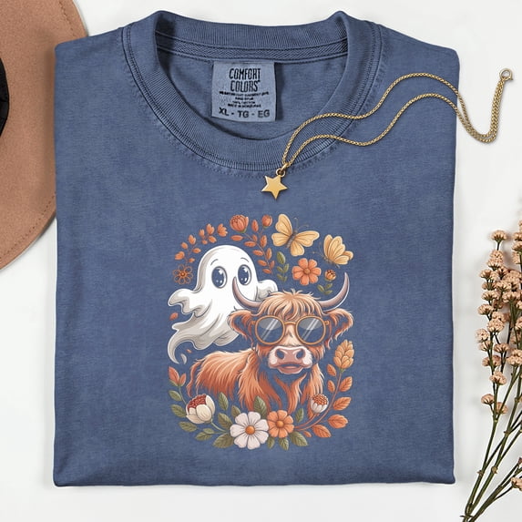 Floral Fall Highland Cow Ghost Shirt, Boho Pumpkin Coquette Shirt, Vintage Halloween Shirt Design, Retro Autumn Flowers Shirt, Spooky Season Shirt