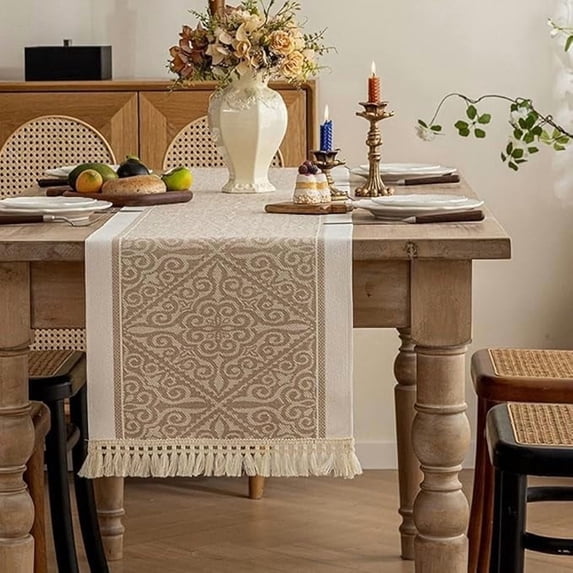 Floral Fall Table Runners for Party Living Room Modern Farmhouse Home Decor Kitchen Elegant Table Runner with Fringe 14 x 63Inch Light Brown