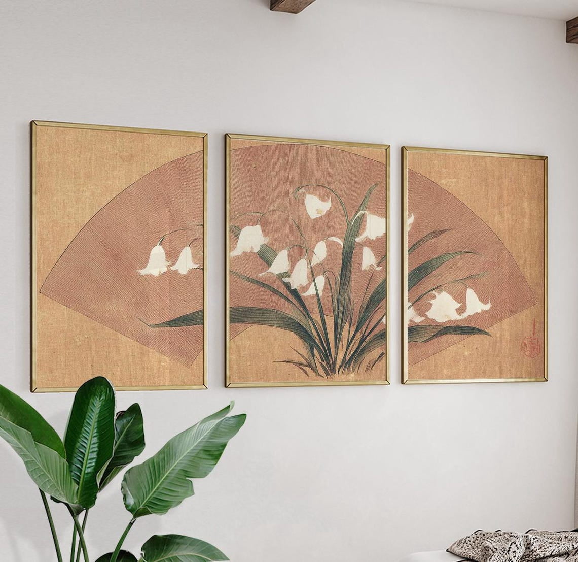 Floral Fan Artwork Japanese Ink Print Home Decor Office Wall Art Living ...