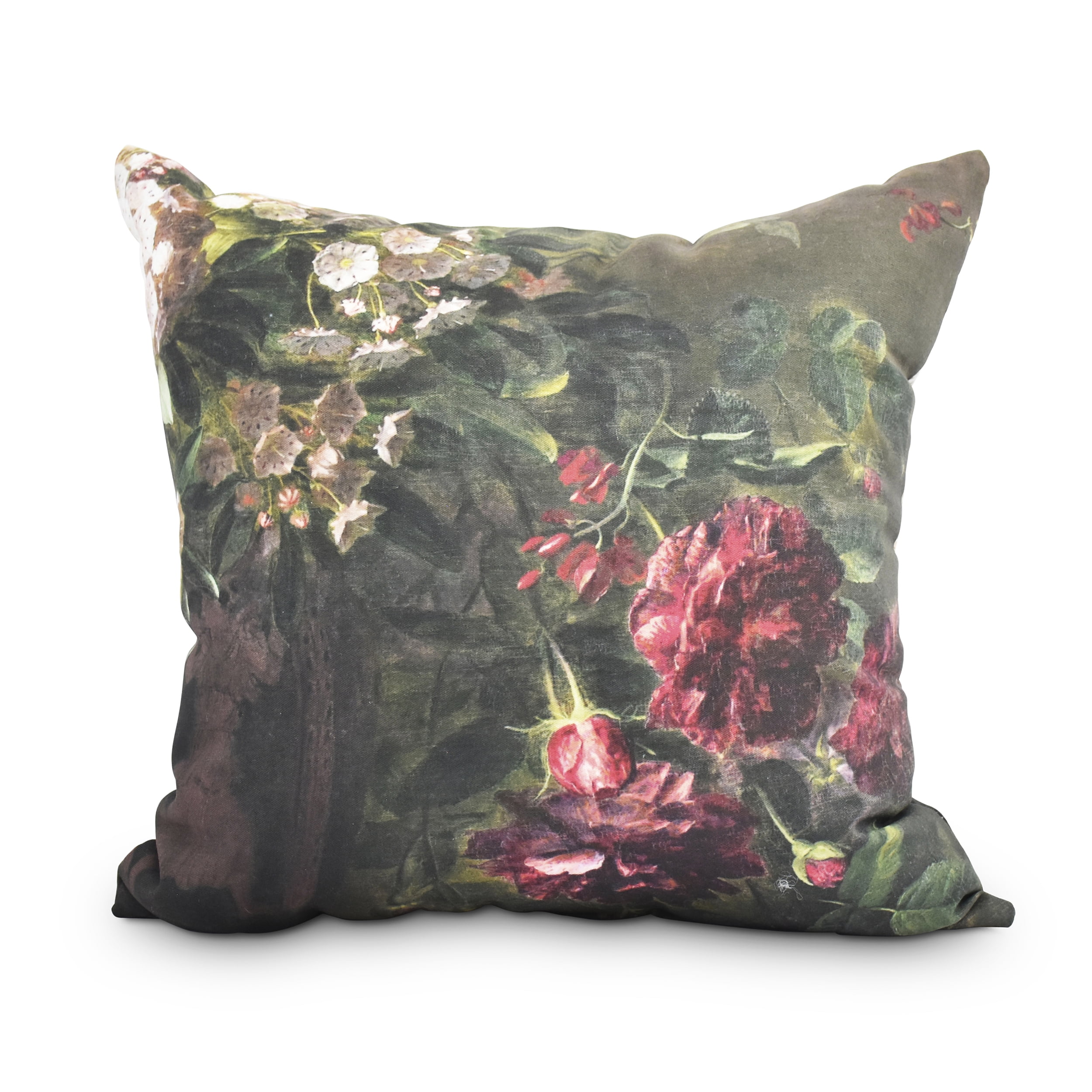 Red and Green Floral Print Square Polyester Throw Pillow