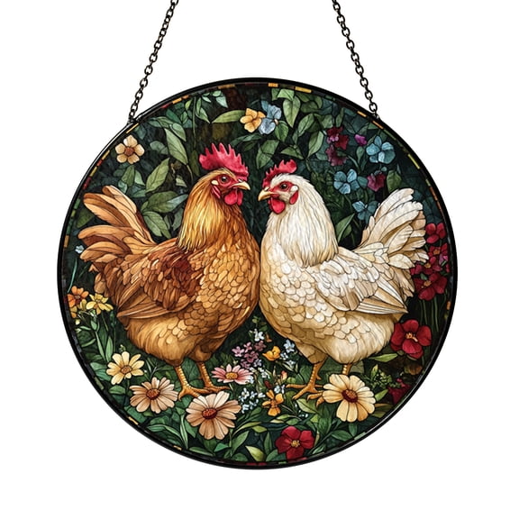Floral Farm Chicken Design Stained Glass Style Decorative Window Panel, Rustic Hanging Art