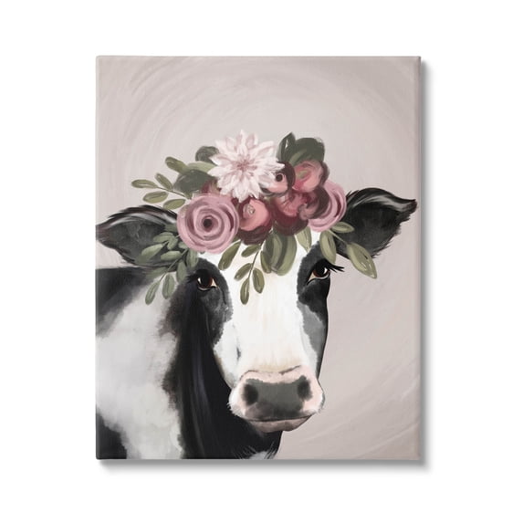 Floral Farm Cow Pink Blooms Animals & Insects Graphic Art Gallery Wrapped Canvas Print Wall Art
