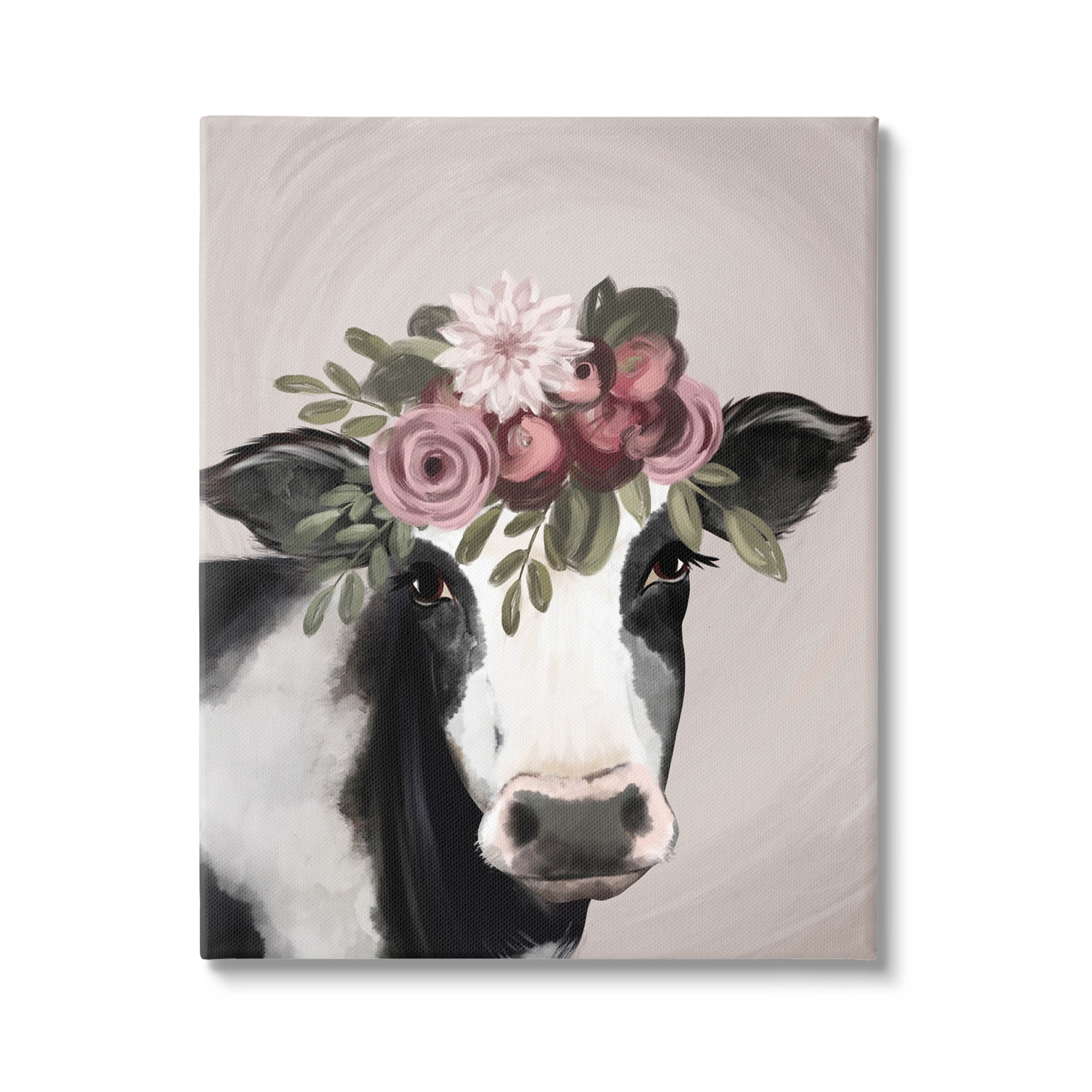Floral Farm Cow Pink Blooms Animals & Insects Graphic Art Gallery Wrapped Canvas Print Wall Art