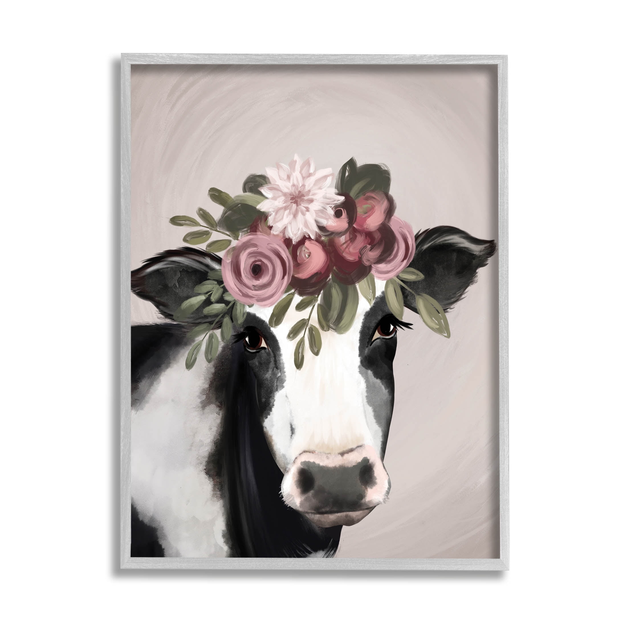 Floral Farm Cow Pink Blooms Animals & Insects Graphic Art Gray Framed Art Print Wall Art