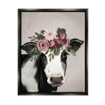 Floral Farm Cow Pink Blooms Animals & Insects Graphic Art Jet Black Framed Art Print Wall Art