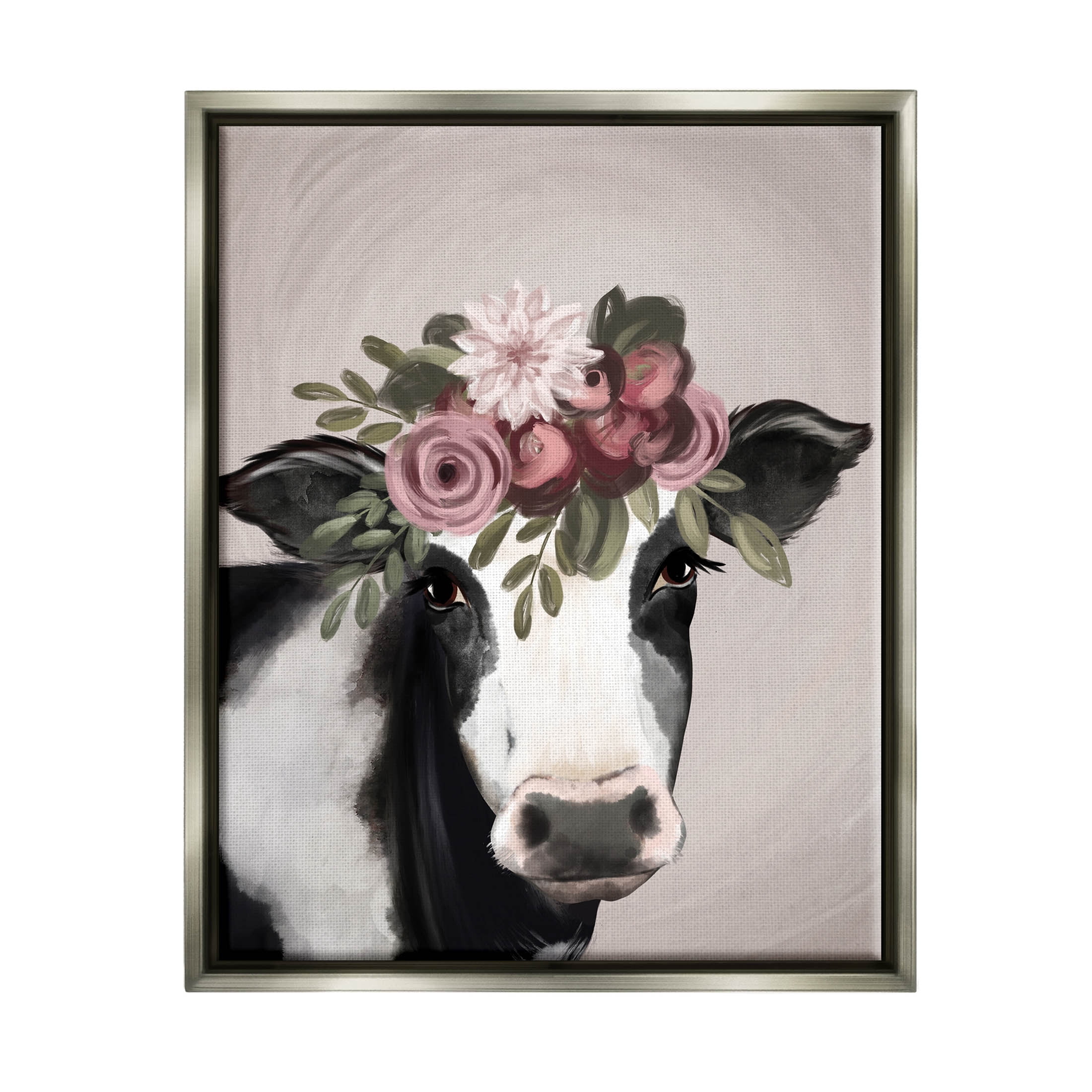 Floral Farm Cow Pink Blooms Animals & Insects Graphic Art Luster Gray Framed Art Print Wall Art
