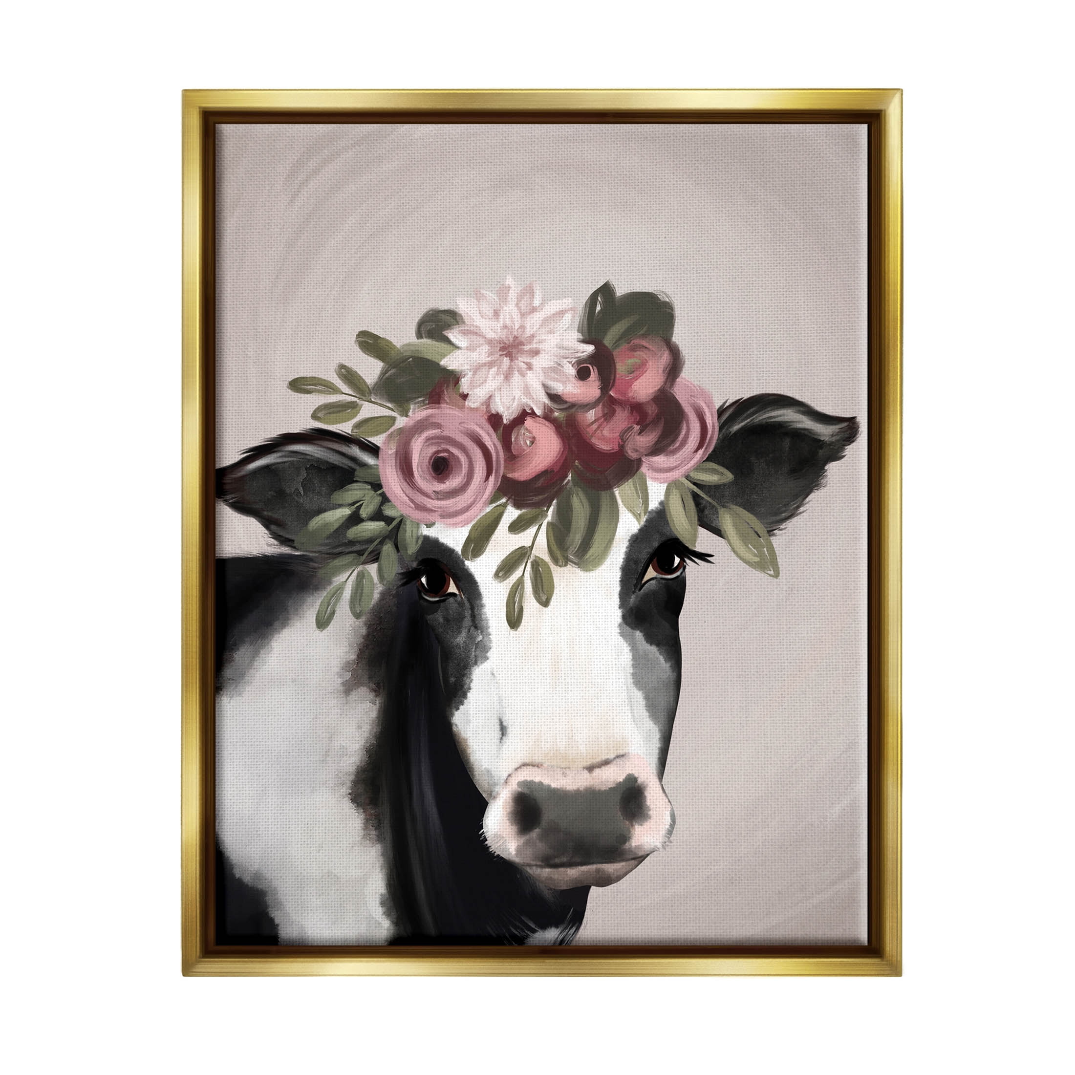 Floral Farm Cow Pink Blooms Animals & Insects Graphic Art Metallic Gold Framed Art Print Wall Art