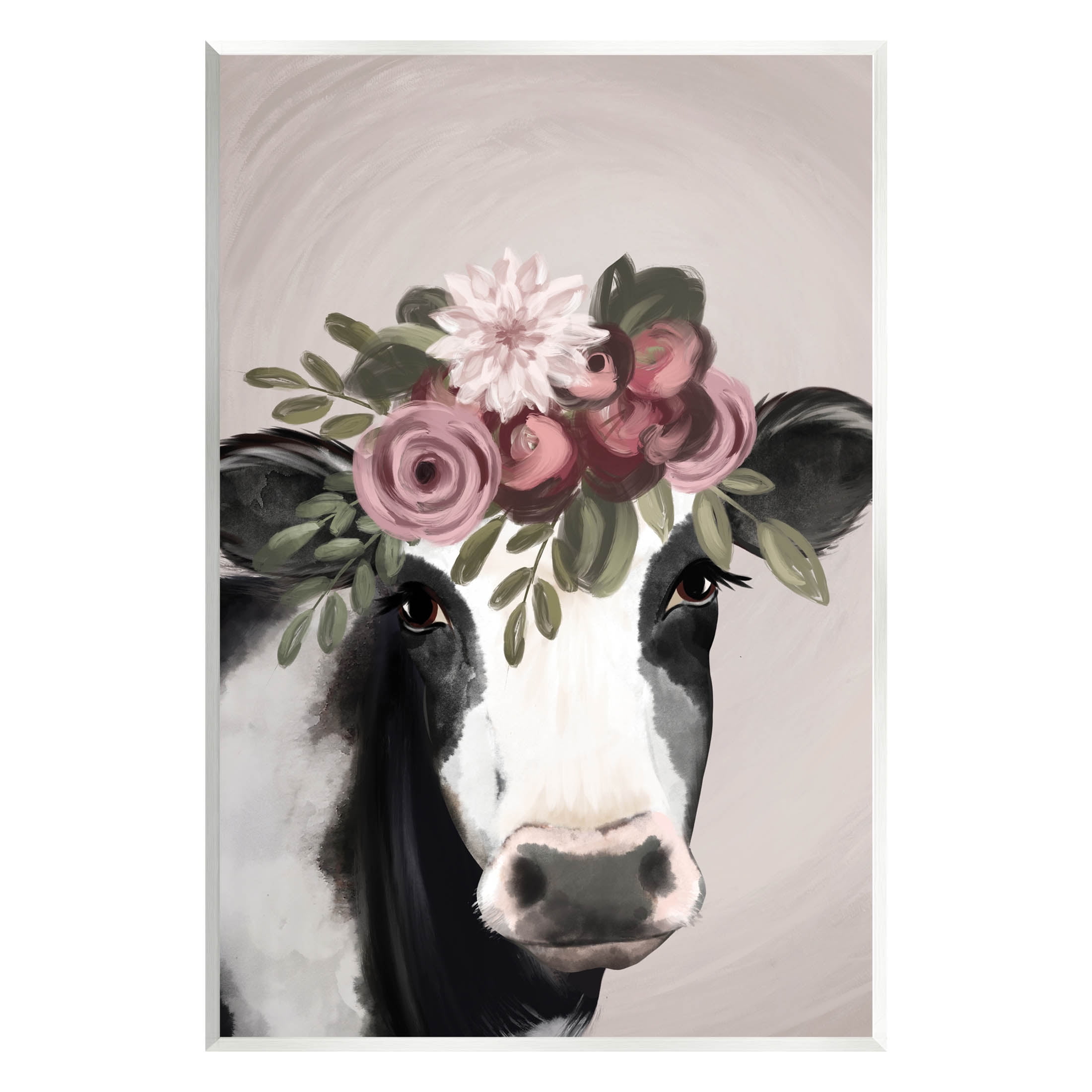 Rustic Floral Cow with Pink Blooms Wood Wall Art