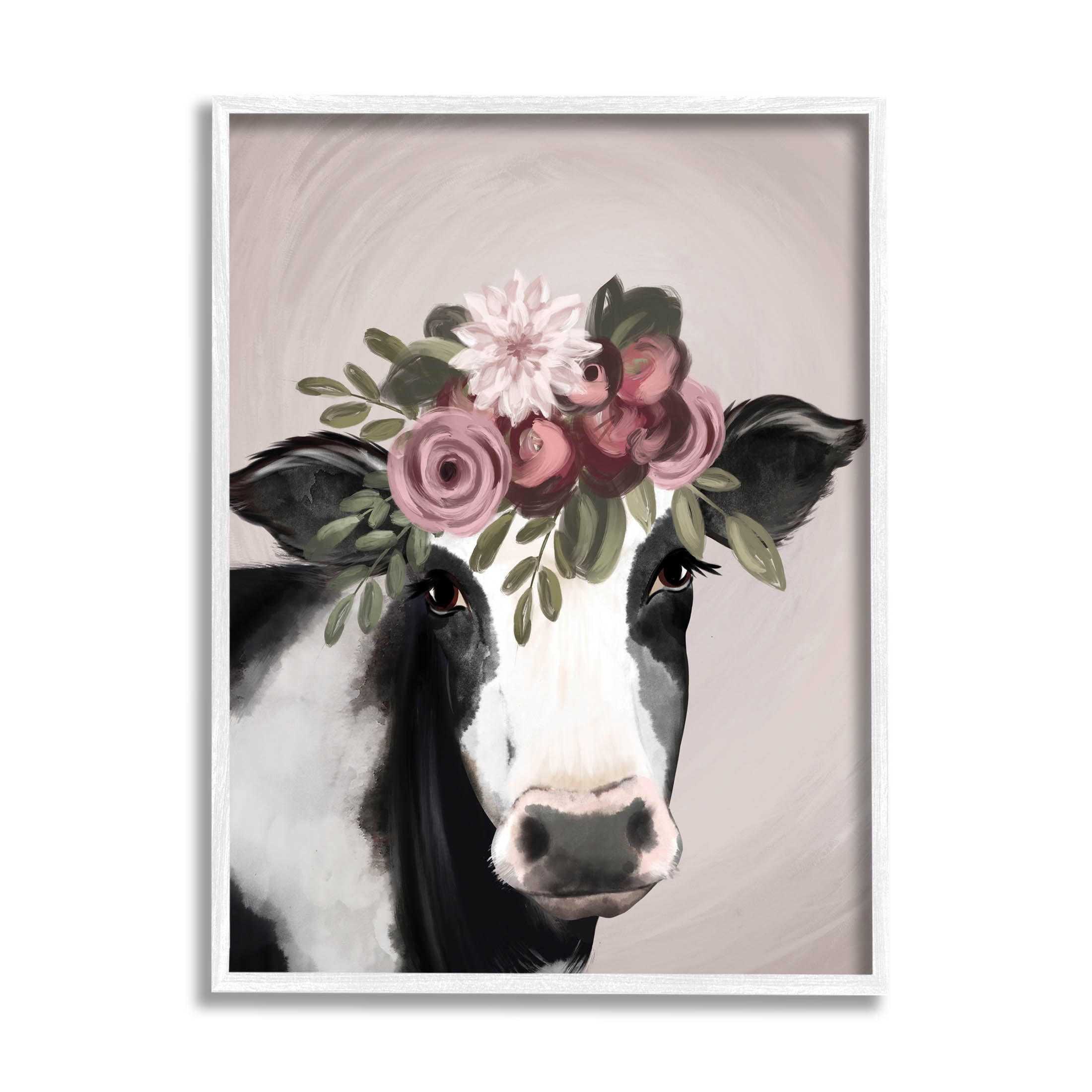 Floral Farm Cow Pink Blooms Animals & Insects Graphic Art White Framed Art Print Wall Art