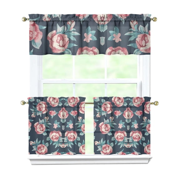 Floral Farmhouse Curtains 24" Short - 3 Panel Boho Country Set with Vintage Botanicals, Rustic Rod Pocket Treatment