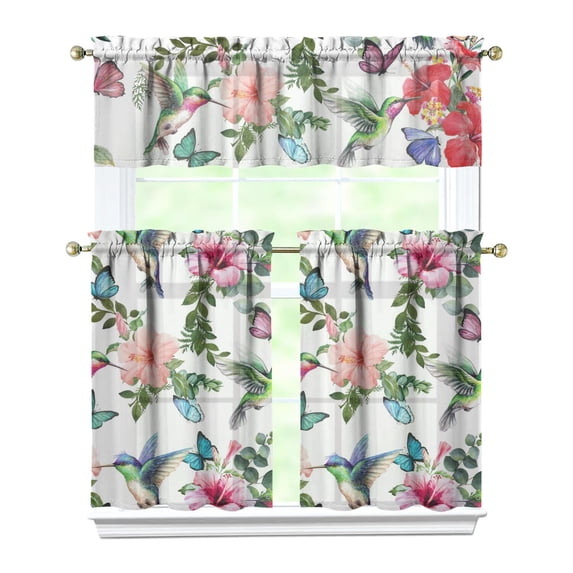 Floral Farmhouse Curtains 36 Inch Short - 3 Panel Boho Country Set with Vintage Botanical Print, Rod Pocket