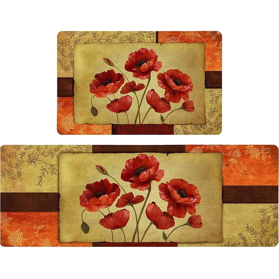 Floral Farmhouse Kitchen Rugs Set 2 Piece Colorful Fall Flowers Poppy Seasonal Decorative Rug for Kitchen Low-Profile Floor Mats Decorations for Home Kitchen 17x48+17x30 Inches