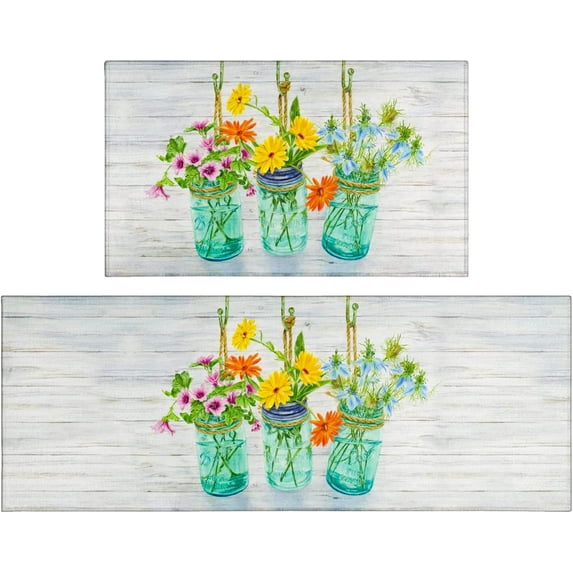 Floral Farmhouse Kitchen Rugs Set 2 Piece Colorful Spring/Summer Flowers Decorative Rugs for Kitchen Low-Profile Floor Mats Decorations for Home Kitchen (17"x48"+17"x30")