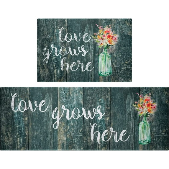 Floral Farmhouse Kitchen Rugs Set 2 Piece Colorful Spring/Summer Flowers Decorative Rugs for Kitchen Low-Profile Floor Mats Decorations for Home Kitchen (17"x48"+17"x24" Love Grows Here)