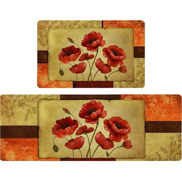 Floral Farmhouse Kitchen Rugs Set 2 Piece Colorful Spring/Summer Flowers Decorative Rugs for Kitchen Low-Profile Floor Mats Decorations for Home Kitchen (17"x48"+17"x24")