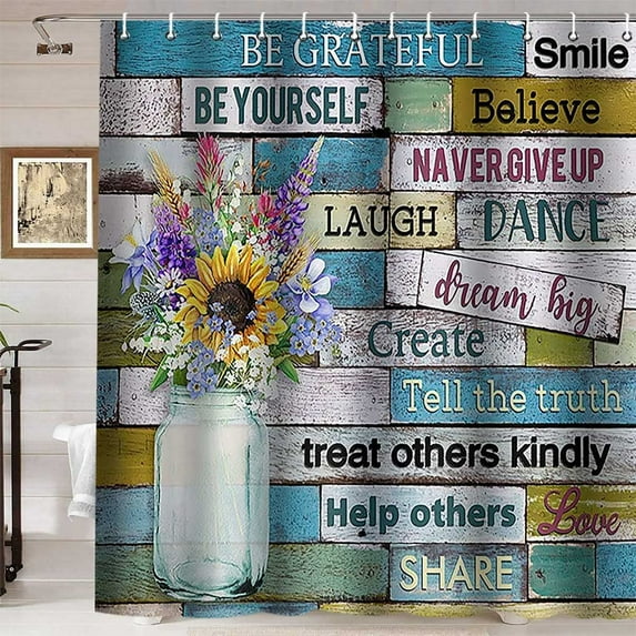 Floral Farmhouse Shower Curtain, Inspirational Quotes Sunflower Wildflower Bouquet Botanical Country Vintage Wooden Board Rustic Bathroom Decor, Waterproof Fabric Shower Curtain, 72 X 72 Inch