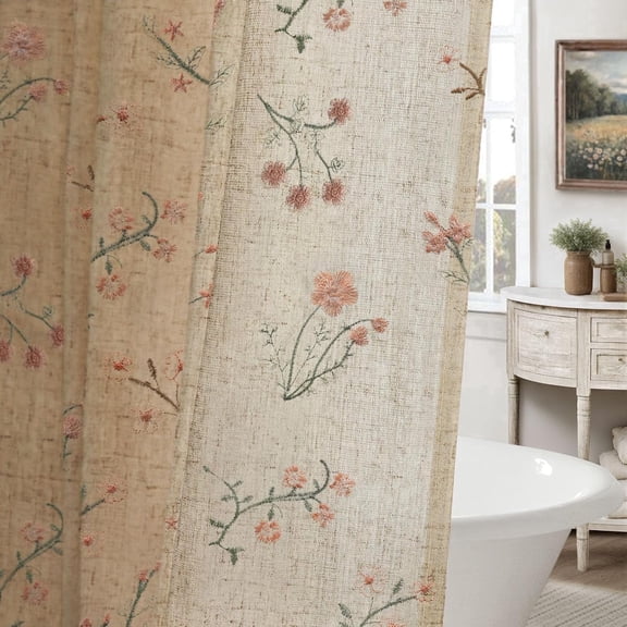 Floral Farmhouse Vintage Linen Shower Curtain, French Country Embroidered Textured Shower Curtains for Bathroom, 72Wx72H