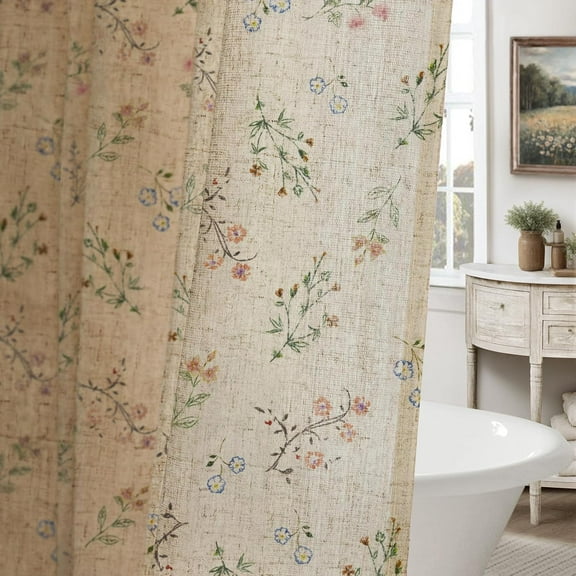 Floral Farmhouse Vintage Linen Shower Curtain, French Country Spring Curtains for Bathroom, 72Wx72H