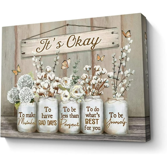 Floral Farmhouse Wall Art Canvas Encouraging Bible Verse On Marson Jars and Butterfly Print Wall Decor It''s Okay Inspirational Quotes Picture Framed Artwork for Bedroom Bathroom Decor 12x16 In