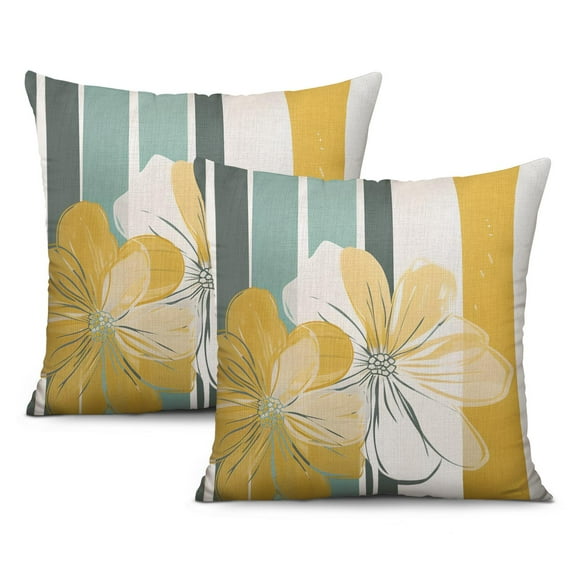Floral Farmhouse Yellow and White Throw Pillow Covers 18 X 18 Inch, Set Of 2, Linen Study Sofa Cushion Cover Indoor Living Room Home Decor
