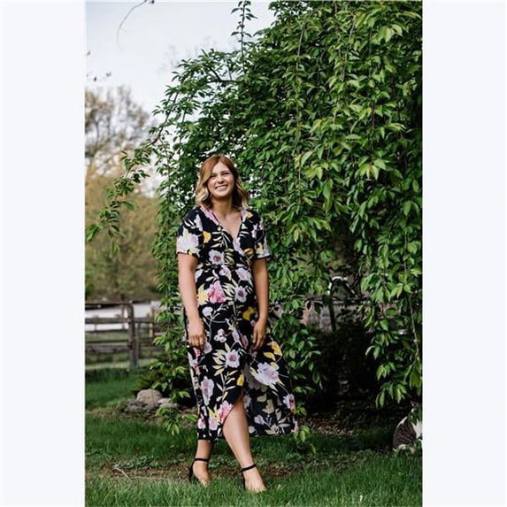 Floral Faux Wrap Dress, Black - 2S-M & 2L-XL