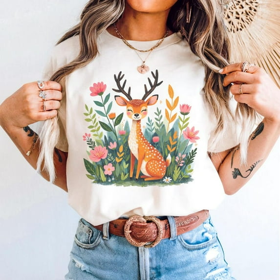 Floral Fawn Shirt, Cottagecore Animal Shirt, Woodland Fawn Tee, Garden Lover Gift, Vintage Floral Shirt, Wildflower Meadow, Deer Lover Gift