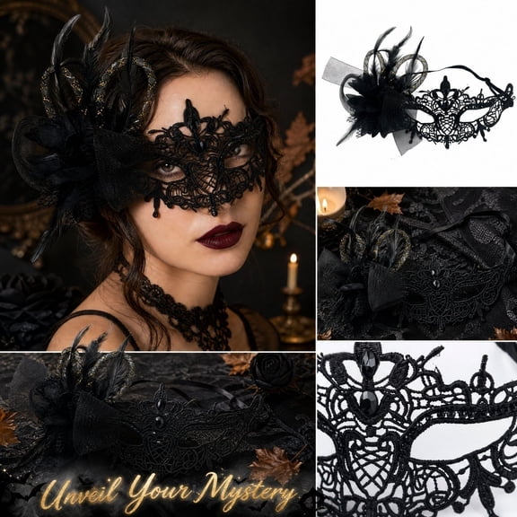 Floral Feather Rhinestone Lace Half Face Eye Mask for Women Halloween Masquerade Party Accessory with Elastic Strap, Elegant & Lightweight Costume Prop for Club Events Black One Size