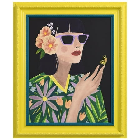 "Floral Female" Chromatic Hand Painted Embellished Giclee Portrait Canvas Wall Art with Baroque Two-Tone Frame