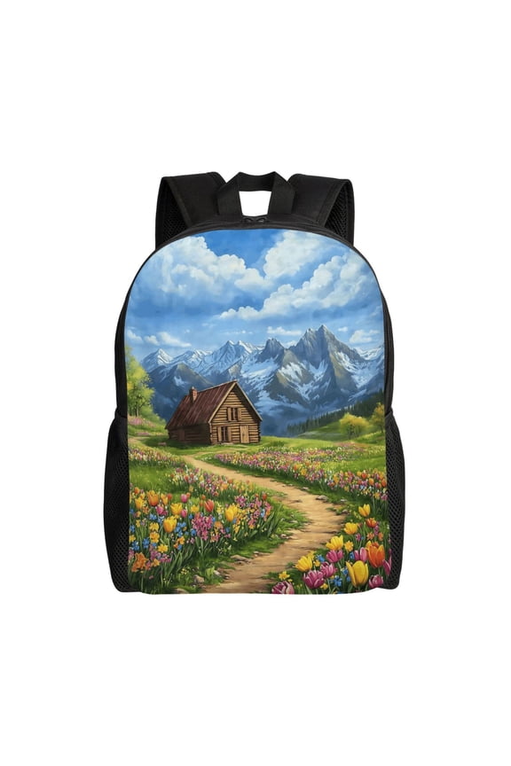 Floral Field And Hut Backpack Large Capacity Laptop Bag for Men and Women