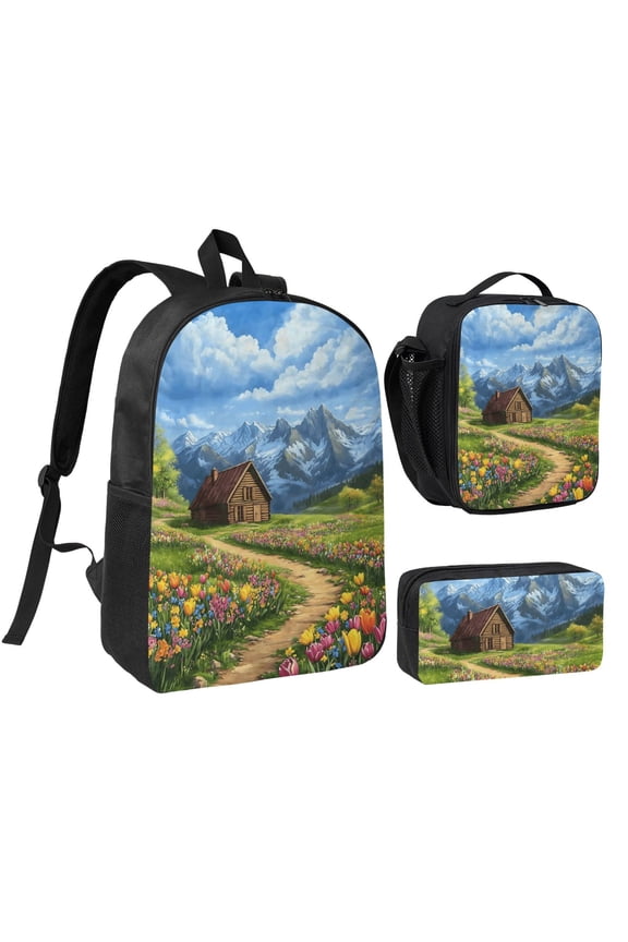Floral Field And Hut Backpack Set 3pc ，Backpack with Lunch Bag and Bag 17 Inch