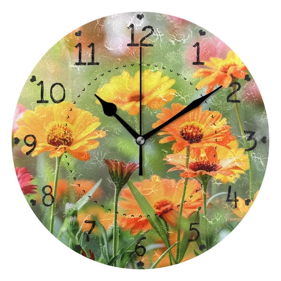 Floral Field Round Wall Clock Silent Analog Battery Operated Black Pointer Home Decor 9.84" Diameter