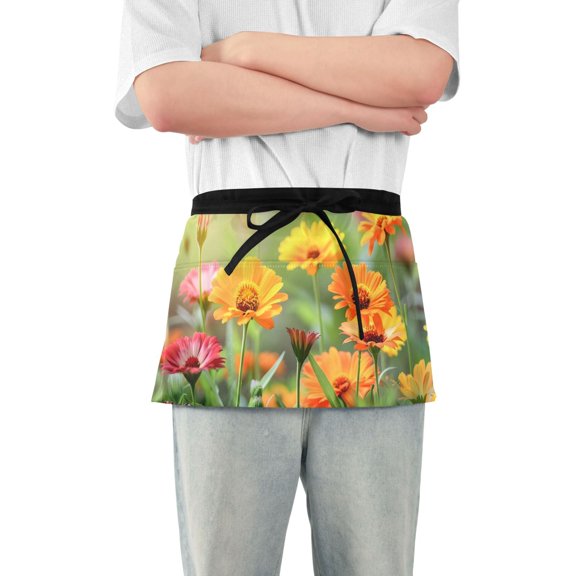 Floral Field Short Server Apron with 3 Pockets for Unisex Chef Gardening