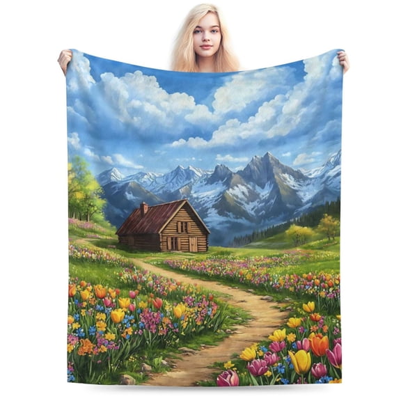 Floral Field and Hut Blanket, Soft & Warm Flannel 50x40